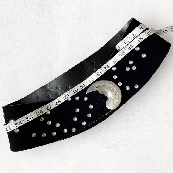 Susan Hyman Vintage Black Suede Belt Wide Studded Half Moon Buckle 80s Statement - Picture 13 of 15